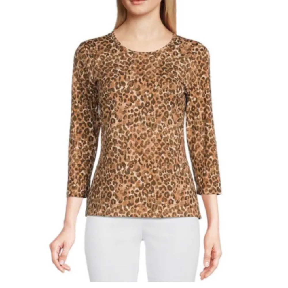 J.McLaughlin Micro Watercolor Cheetah Print Knit Jersey Crew Neck Tee S‎